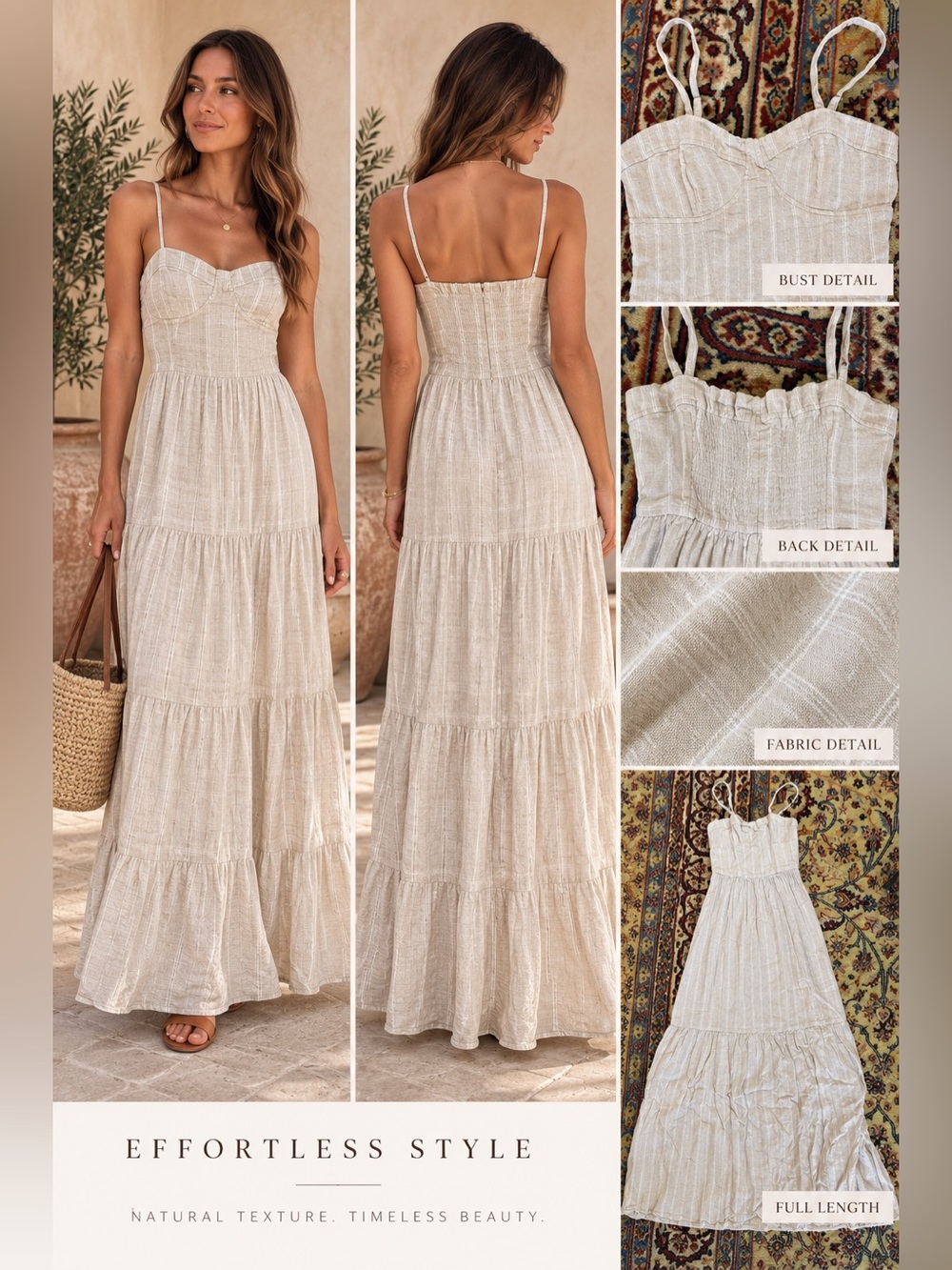 YFB Young Fabulous & Broke Linen Blend Maxi Dress S Oatmeal Coastal Boho Tiered